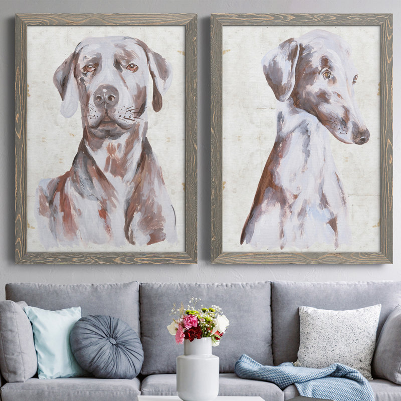 «Sitting Dog II», toile encadrée de qualité supérieure - prête à être accrochée, Toile avec cadre gris