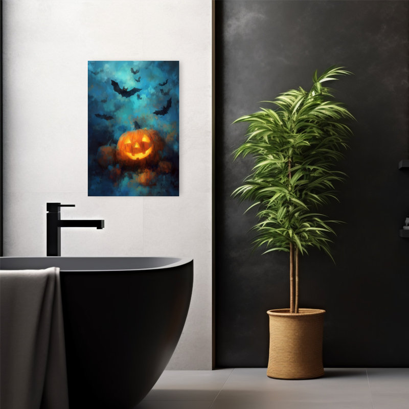 Citrouille d'Halloween, art contemporain de chauve-souris, 24" H x 16" W