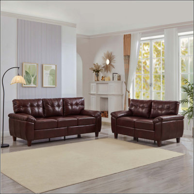 2 Pieces Sofa Modern Design Faux Leather 3 Seater & Loveseat,Living Room Sofa With Storage,Big Armrest Sofa,Upholstered Breathable PU Leather Sofa
