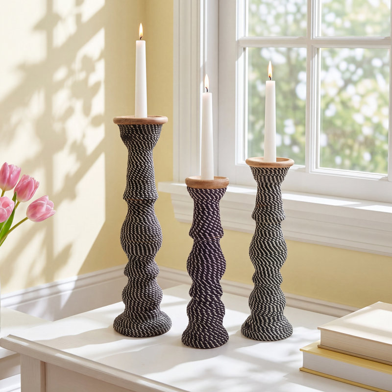  Set of Three Wood Pillar Candle Holders with Black and White Woven Detail Decorative Tabletop Decor Accent