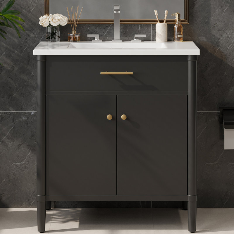 Meuble-lavabo élégant avec pieds en bois d'hévéa au design moderne, idéal pour les espaces élégants