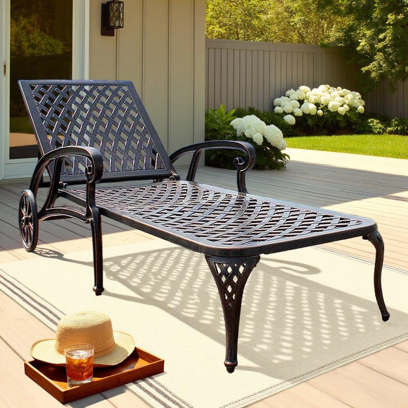1-Piece Reclining Aluminum Lounge Chair with Wheels,Weatherproof Outdoor Patio Chair for Poolside, Brown