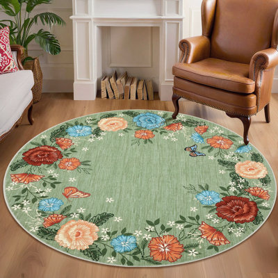 Petit tapis rond à motif floral festonné de 4 pi, tapis vert, tapis circulaire, tapis botanique avec envers antidérapant, tapis botanique mince et doux, tapis pliable à poils courts, tapis décoratif pour le salon