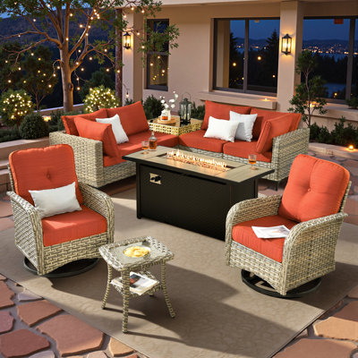 Outdoor Wicker 6 Person Seating Group With Cushions With Rocking And Swivel Chairs And Fire Pit Table