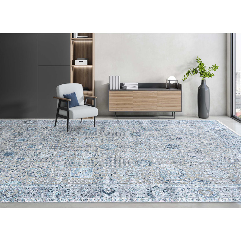Floral Area Rug in Gray/Light Blue, Rectangle 9' x 12'