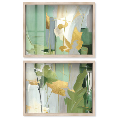 Layered Green I - Ira Comleva Scoria Abstract Large 2 Piece Shadowbox Oversized Print by Art Remedy, Blonde Frame, 44 x 33