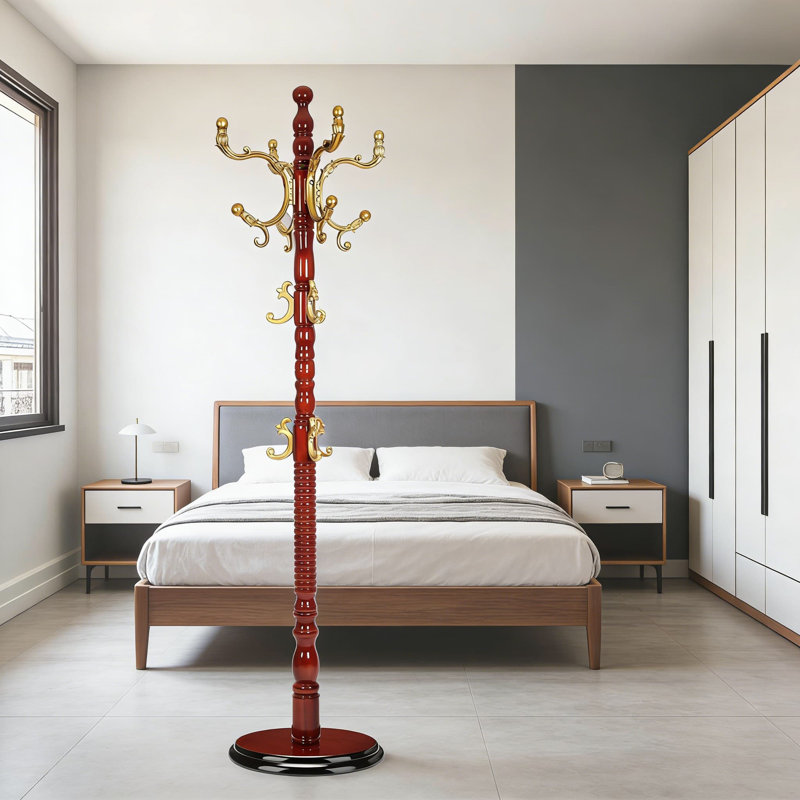 Freestanding Wood Coat Rack With 14 Hooks, Heavy-Duty Disc Base And Adjustable Height, Sturdy Entryway Hallway Bedroom Organizer For Coats Hats Bags