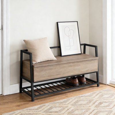 Modern Entryway Storage Bench With Flip-Top Seat And Shoe Rack, Rectangular Design With Metal Frame And Wood-Look Finish