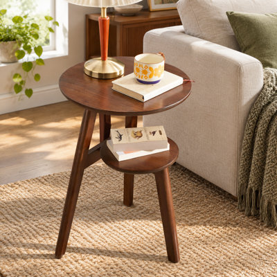 Table d'appoint ronde à deux niveaux en bois massif avec tablette de rangement