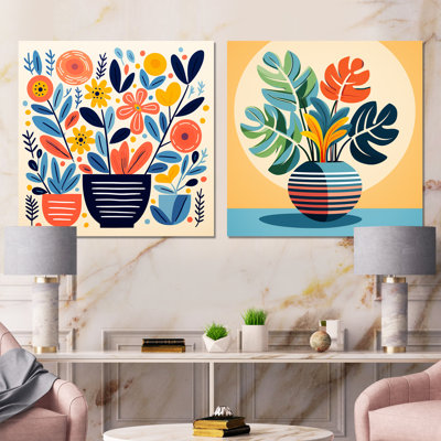 Vase bohémien jaune et bleu «Pottery Blooms I» - ensemble de 2 reproductions d'art sur toile