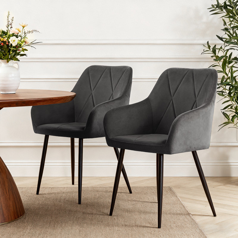 Anquetta Velvet Modern Dining Chairs With Quilted Diamond Pattern Backrest, Grey