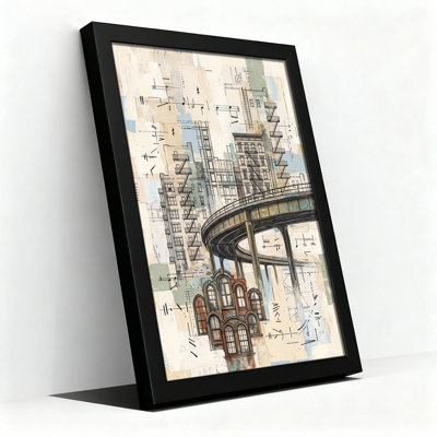 Tableau sur toile représentant des bâtiments urbains et une autoroute sinueuse dans les tons bleus et beiges