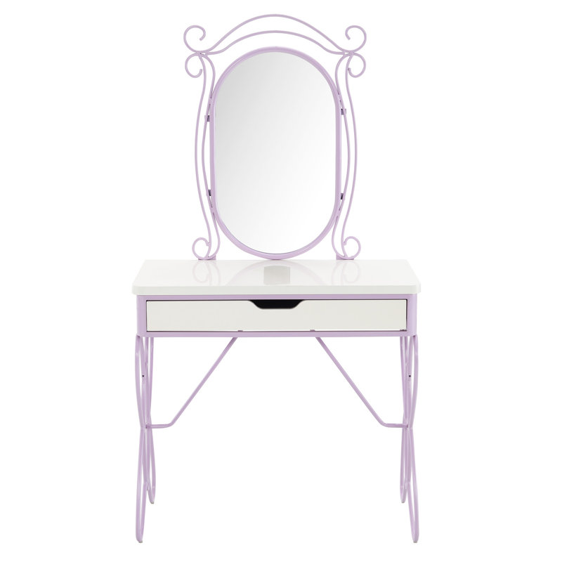 Coiffeuse élégante avec miroir ovale - choix et tabouret blanc et mauve