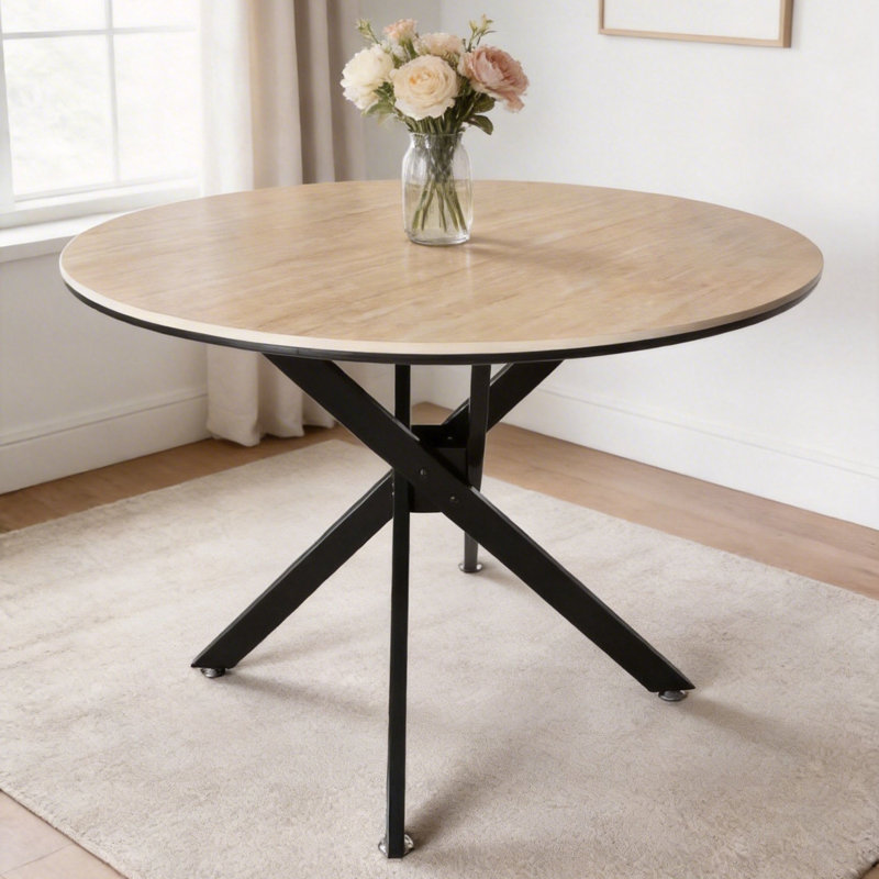 35.5“ Round Sintered Stone Dining Table With Metal X-Base – Modern Kitchen & Small Space Round Dining Table, Beige