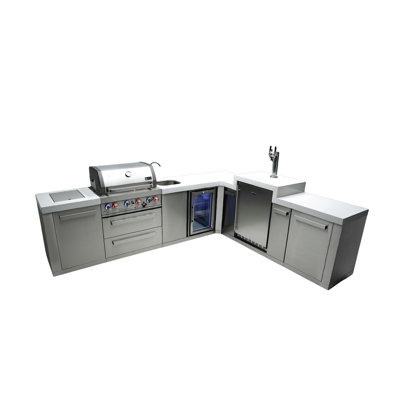 Îlot de cuisine en acier de qualité supérieure en forme de L de 120 po x P 98 po x H 55 po Mont Alpi avec robinet de réfrigérateur et évier + distributeur de bière Kegerator à 3 robinets + barbecue BBQ à 4 brûleurs de 32 po + comptoirs en granite + rangement + naturel Convertible au gaz + garantie à vie