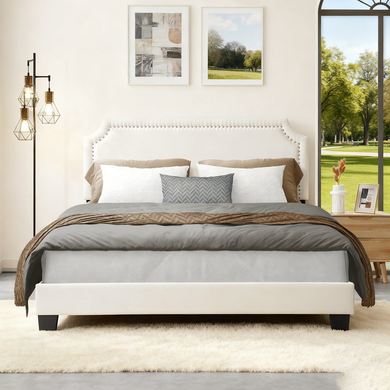Linen Upholstered Platform Bed With Elegant Design And Sturdy Construction For Comfortable And Stylish Sleep, Queen