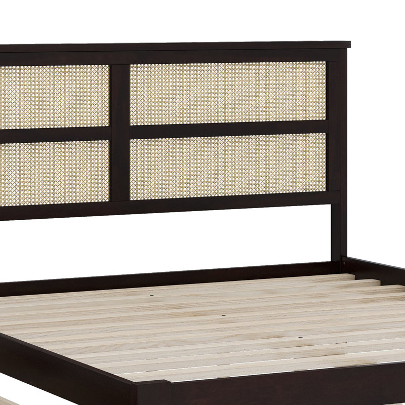 Structure de lit en bois d'hévéa avec tête de lit en rotin, 2 tiroirs de rangement et lattes de soutien renforcées, Espresso