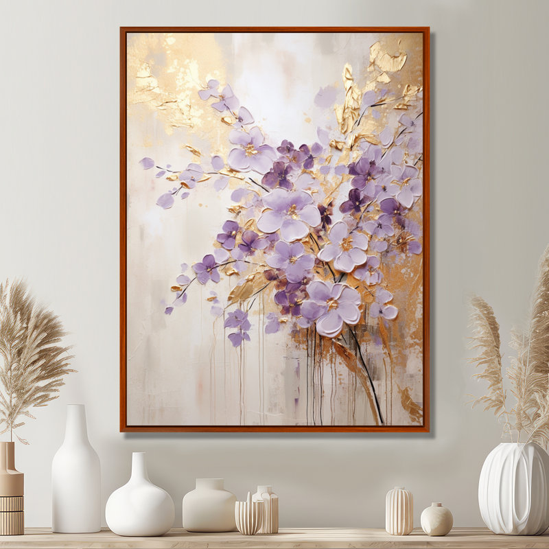 Mauve et or orné de violettes, pré IV - art mural Violettes, Cadre flottant brun, 20" H x 12" W