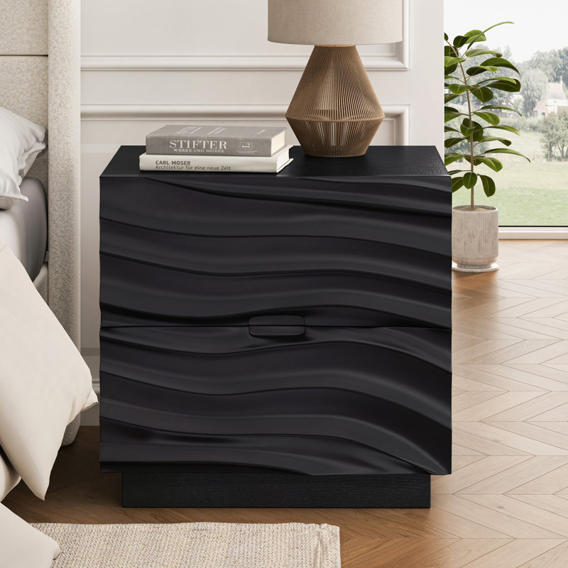 Ensemble de 2 tables de chevet en bois massif 2 tiroirs, Ensemble de 2, Noir
