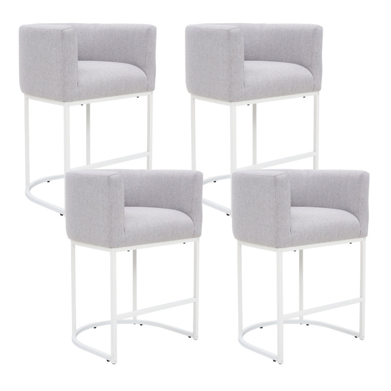 26" Upholstered Metal Barrel Counter Bar Stool, Light Grey Seat/White Frame, 4