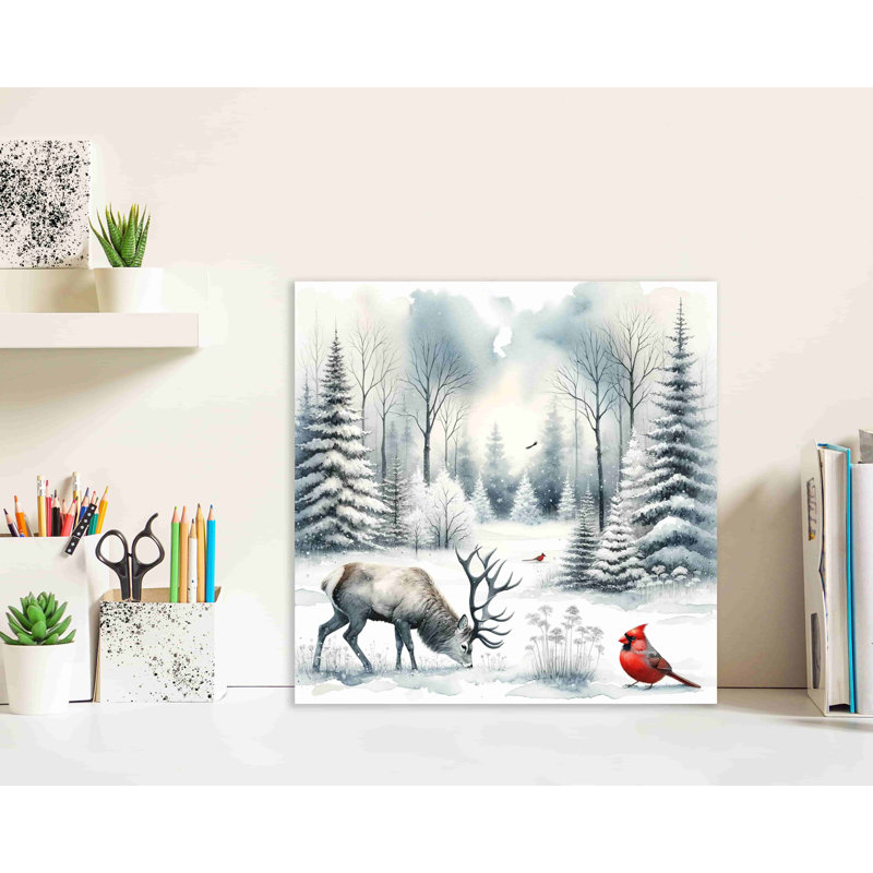 " Winter's Grace: Majestic Deer And Cardinal In Snow "