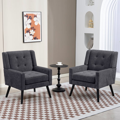 26.77" Mid-Century Modern Accent Chair With Linen Upholstery, Tufted Back And Black Solid Wood Legs(Set Of 2)