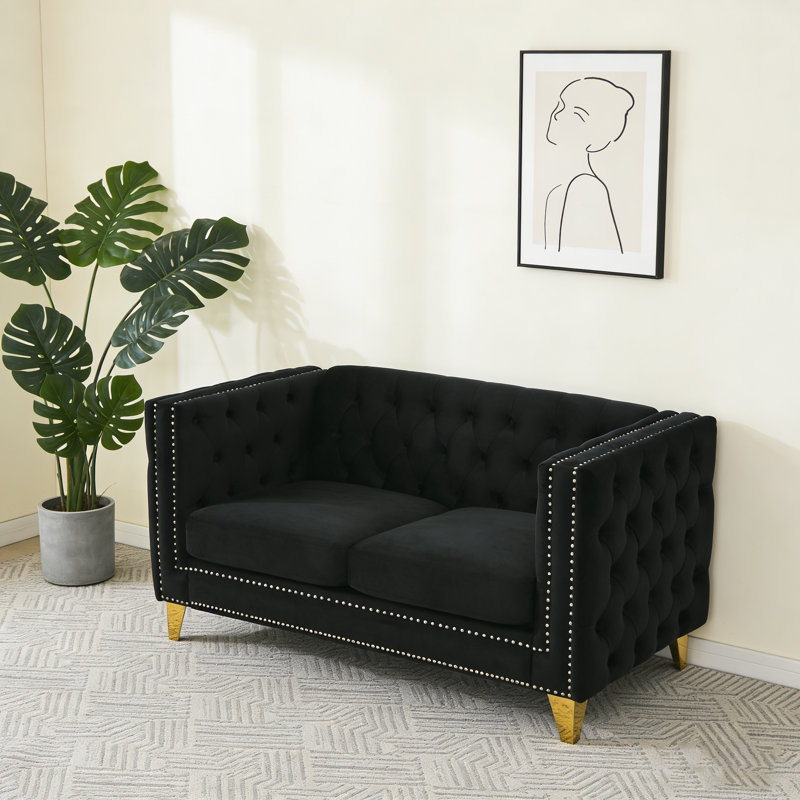  Button Tufted Velvet 2-Seater Loveseat Sofa, Modern Square Arm Couch with Metal Legs for Living Room Bedroom, Black