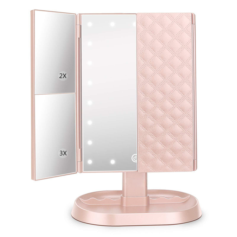 Pink Trifold Lighted Vanity Makeup Mirror with LED Lights