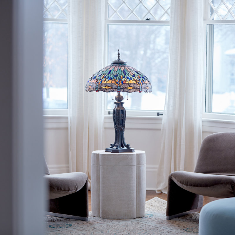 35" Antique Bronze Dragonfly Tiffany-Style Stained Glass Table Lamp