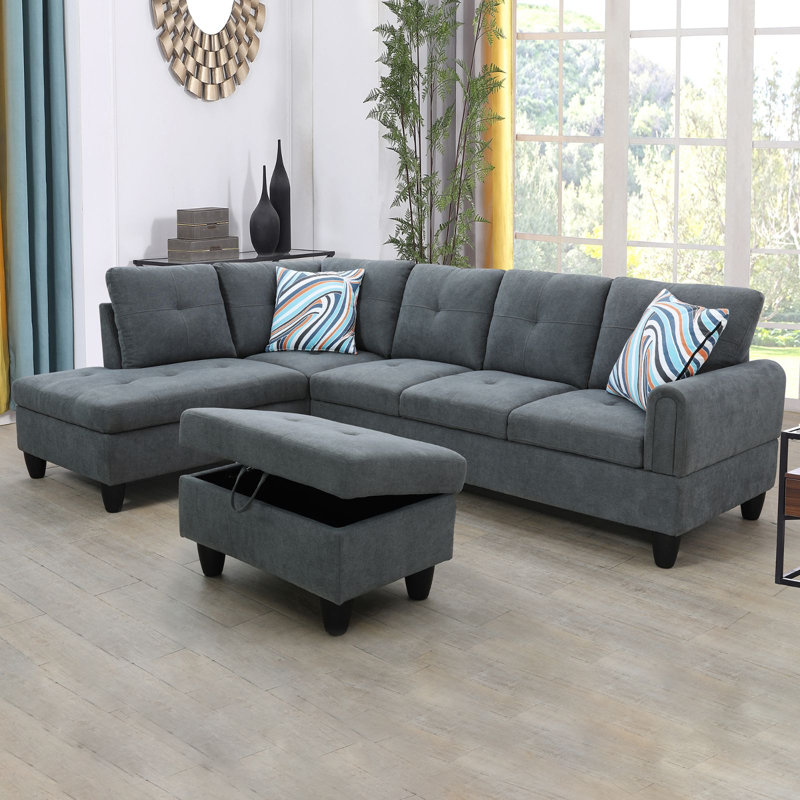 Tatman Upholstered L-Shaped Sectional, Gray Velvet, Left Hand Facing