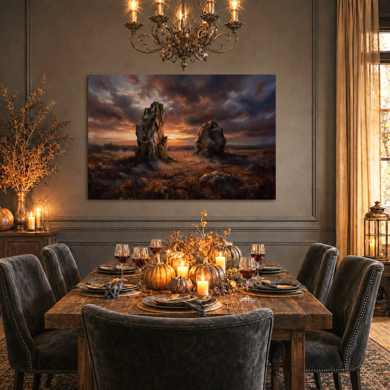 Formations rocheuses moussues sous un coucher de soleil spectaculaire - Toile murale d'Halloween, H 32 po x l 48 po