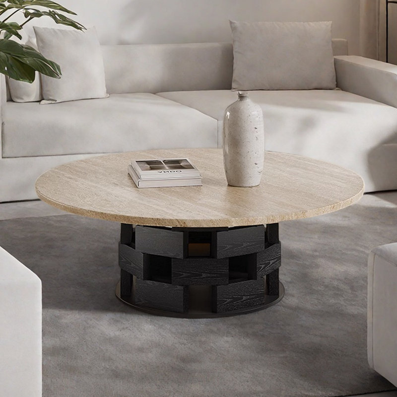 Table basse en travertin de style Wabi-sabi, H 13,77 po x L 31,49 po x l 31,49 po, Noir