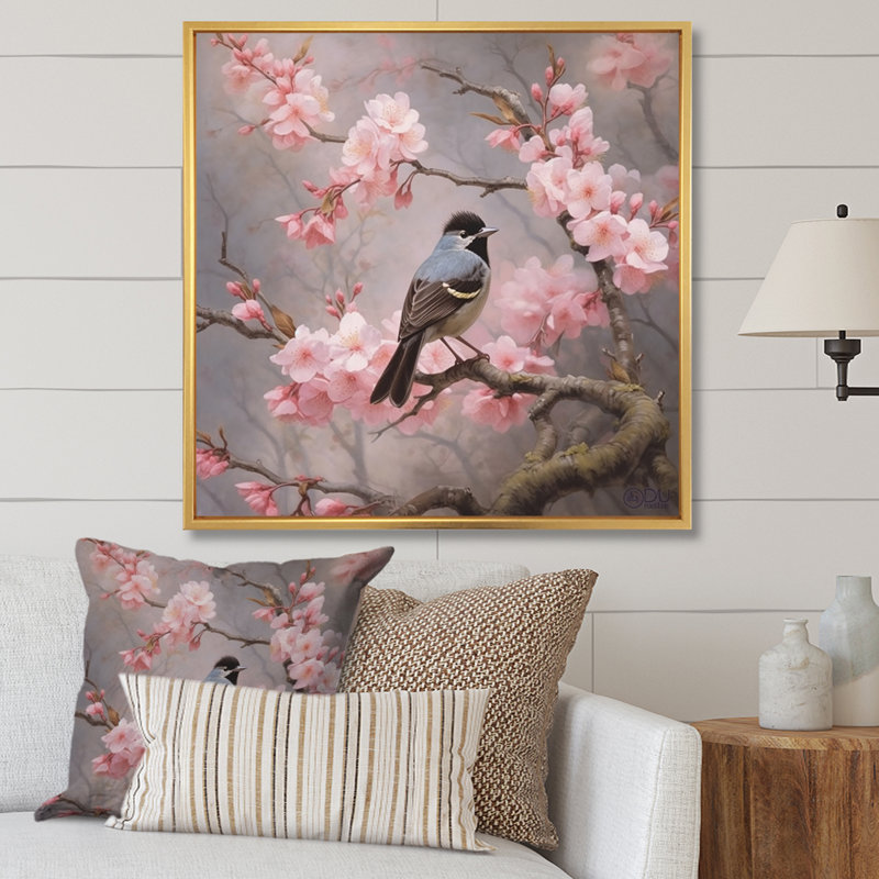 «Bluebird On Blossom Cherry I» sur toile, 16" H x 16" W, Cadre flottant doré