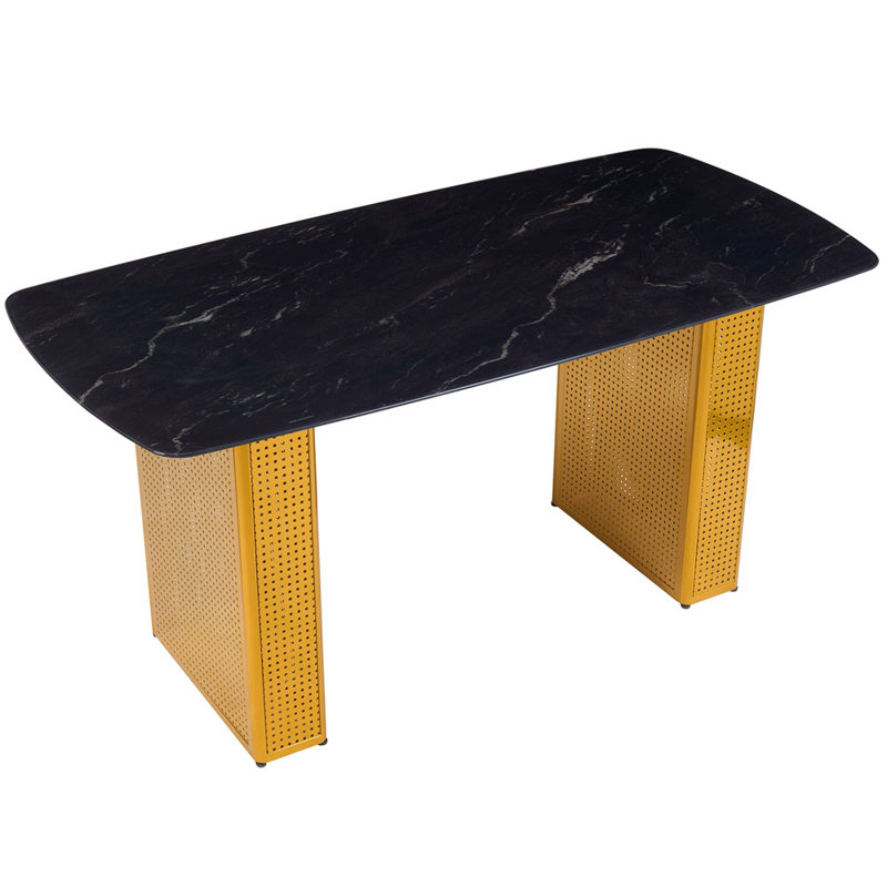 Table de salle à manger rectangulaire en verre trempé de style moderne, avec un design en marbre à la mode avec des pieds en métal à double piédestal, idéale pour les salles à manger et les bureaux à domicile.