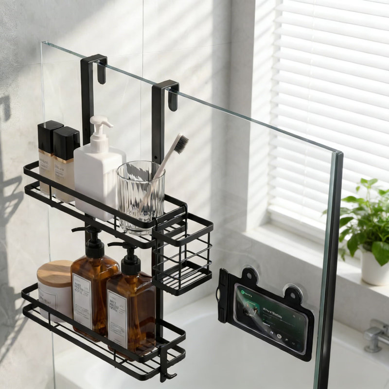 Over The Door Shower Caddy With Waterproof Phone Pouch, Adjustable 2-Tier Rustproof Bathroom Organizer, No Drilling Hanging Storage Shelf With Hooks And Side Basket