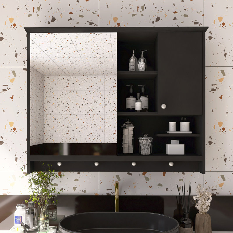 Armoire à pharmacie murale avec porte miroir et tablette réglable, Noir, noir, noir, noir