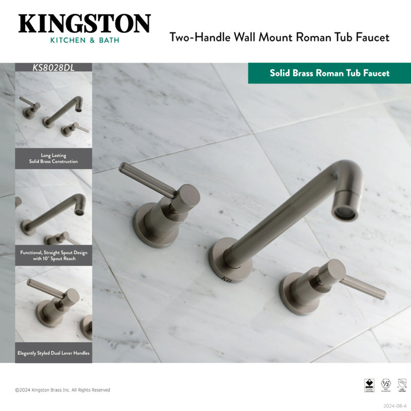 Kingston Brass Concord Two-Handle 3-Hole Wall Mount Roman Tub Faucet, Polished Chrome