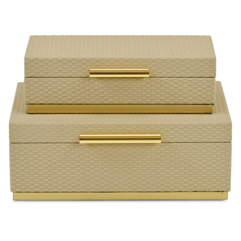 Ensemble de boîtes rectangulaires à motif tissé Tamsin avec quincaillerie dorée, Beige
