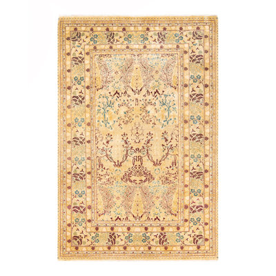 Tapis unique en laine noué à la main 6 pi 1 po x 9 pi 5 po nouvel âge Hayner - jaune / beige / rouge