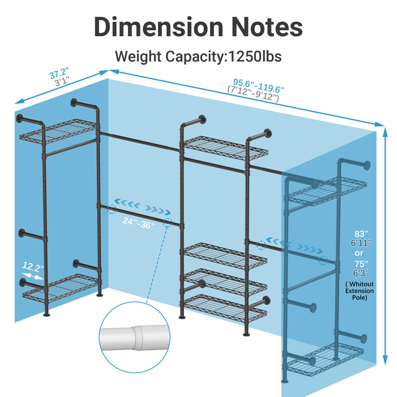 Timate U5 Expandable Wall Mounted Clothes Rack, Walk in Closet, Heavy Duty Industrial Pipe Clothing Rack, Black, Black