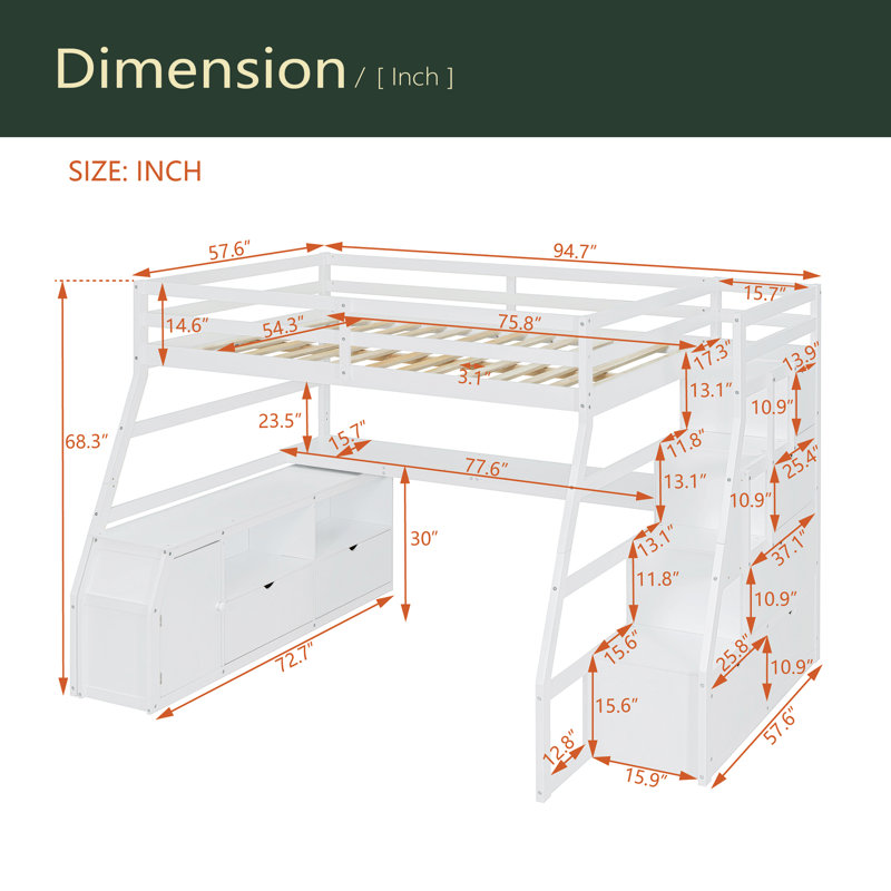 Lit mezzanine double avec 7 tiroirs, 2 tablettes et un bureau, Blanc