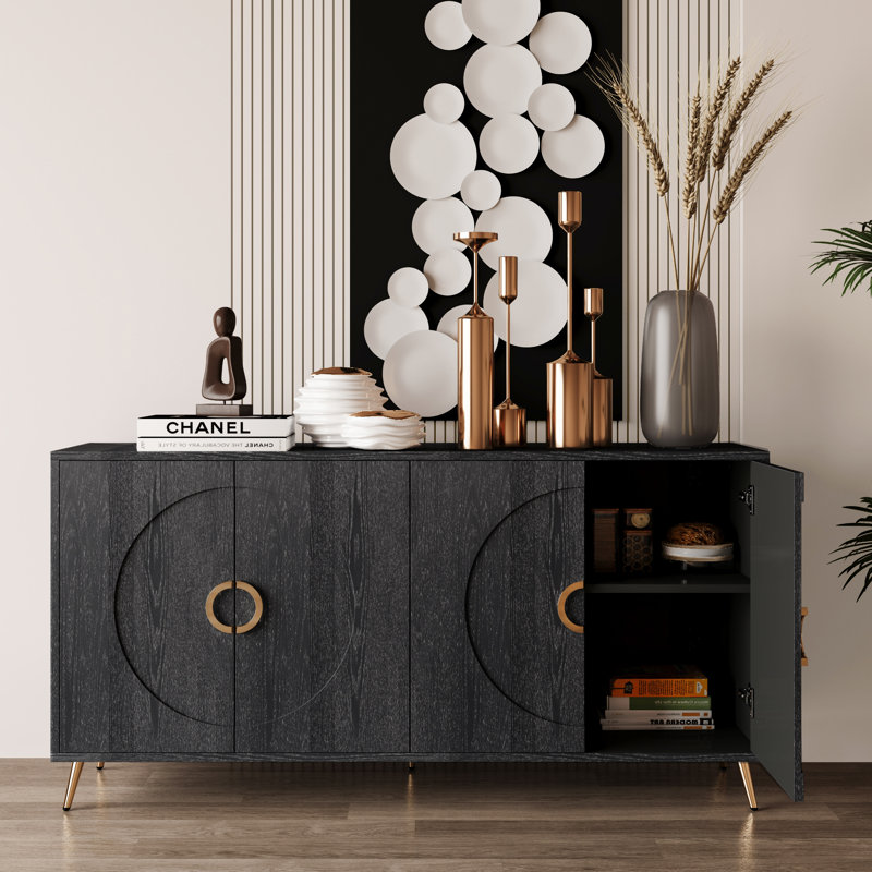 Distressed Black Lacquered Wooden Sideboard Buffet Cabinet With 4 Doors, Storage For Living Room, Entryway, Kitchen | Gift Idea