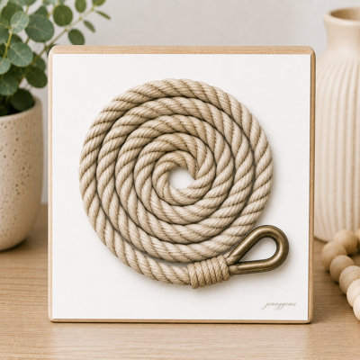 Mini bloc d'art en bois carré de 14 cm représentant une corde de navire enroulée
