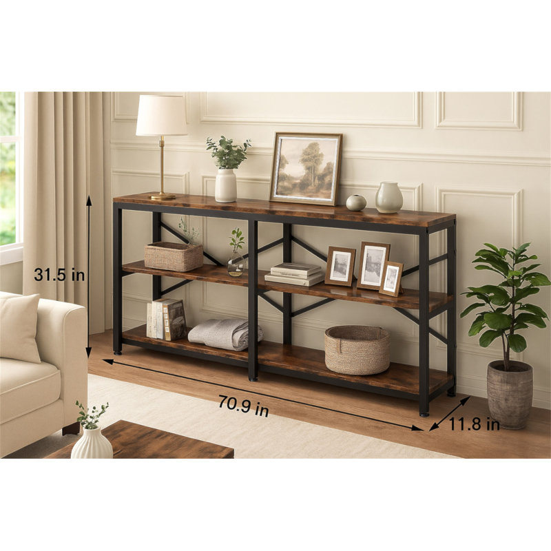 Console très longue de 70,9 po avec tablettes de rangement, canapé industriel à 3 niveaux derrière le canapé, table d'entrée moderne avec structure en X en métal, bibliothèque de couloir étroite pour le salon, brun rustique