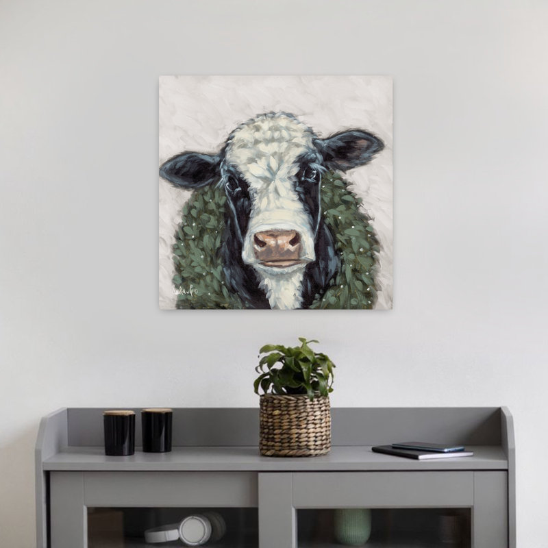 Art contemporain avec marguerite et vache, H 18 po x l 18 po