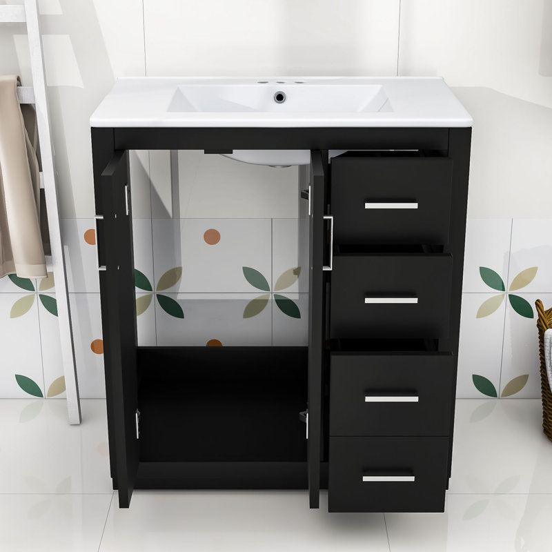Ensemble de meuble-lavabo autoportant 3 tiroirs 30 po avec lavabo en céramique et portes à fermeture douce Harsimar, Noir