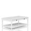 Table basse à finition blanche avec deux tiroirs et roulettes de rangement