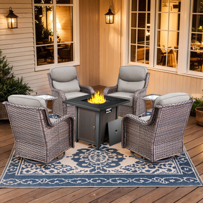 Melia All-Weather Outdoor 4-Person Seating Group With Square Metal Fire Pit Table,Swivel Gliders With 6" Thick Cushions And Side Table