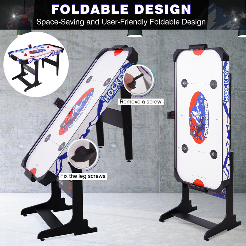 Table de hockey sur coussin gonflable 57 po à DEL avec pointage électronique précis, interrupteur d'alimentation en ligne, moteur puissant, 2 rondelles et 2 poussoirs