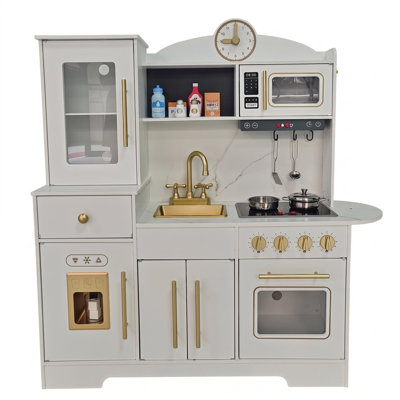 Cuisine de jeu en bois pour tout-petits, lumière et son réalistes, machine à glaçons, robinet et plus de 20 accessoires, ensemble de jouets de cuisine pour enfants de 2 ans et plus